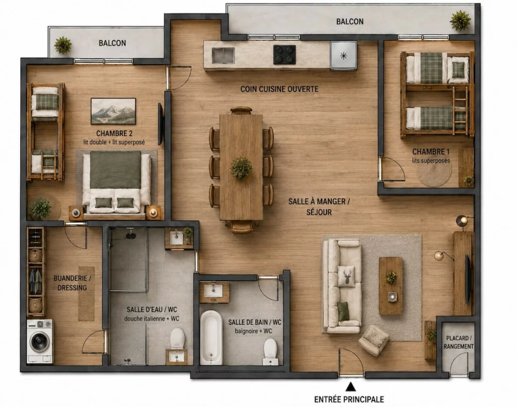 Plan d'aménagement prévu de l'appartement Grande Rochette : deux chambres, deux salles d'eau, buanderie, séjour avec cuisine ouverte et deux balcons